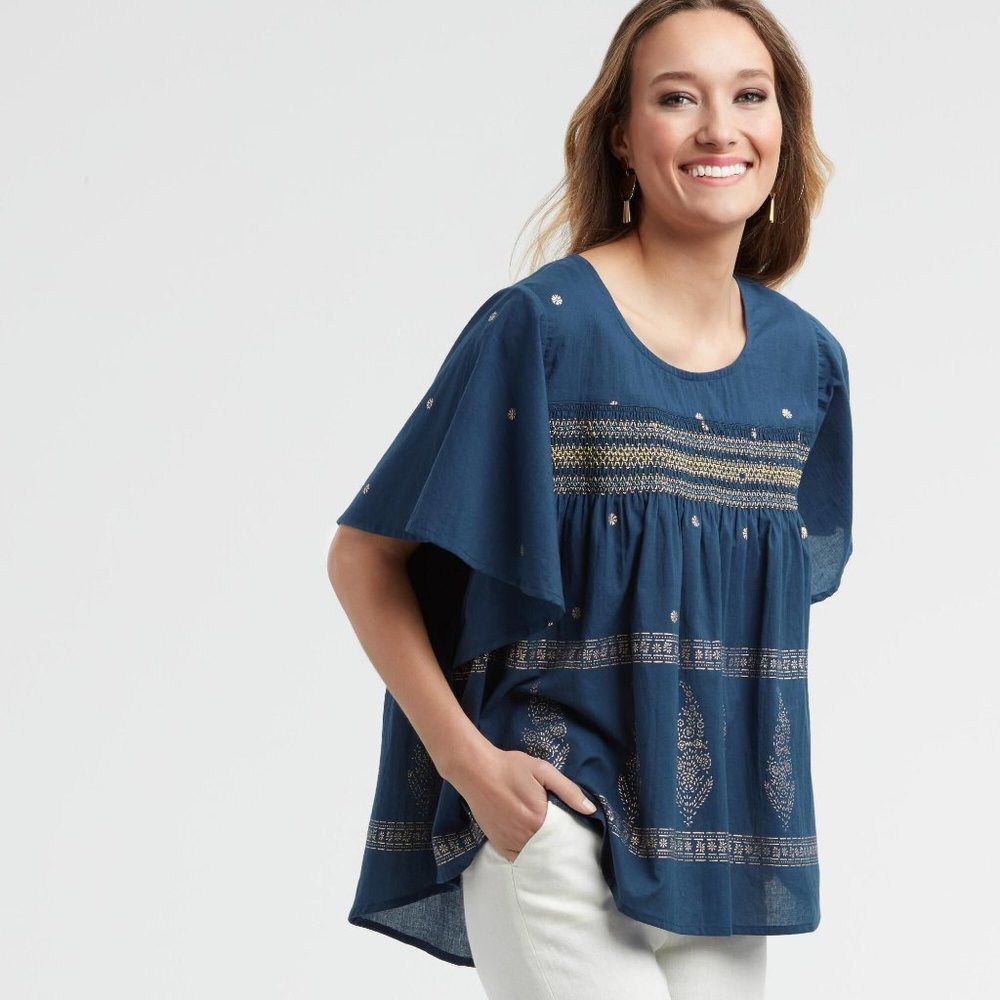 World Market Blue & Gold Oversized Tunic Blouse